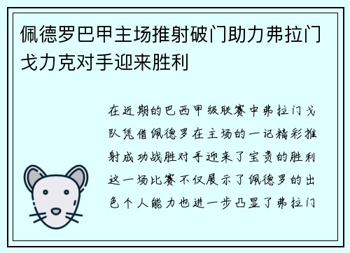 佩德罗巴甲主场推射破门助力弗拉门戈力克对手迎来胜利