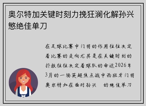 奥尔特加关键时刻力挽狂澜化解孙兴慜绝佳单刀